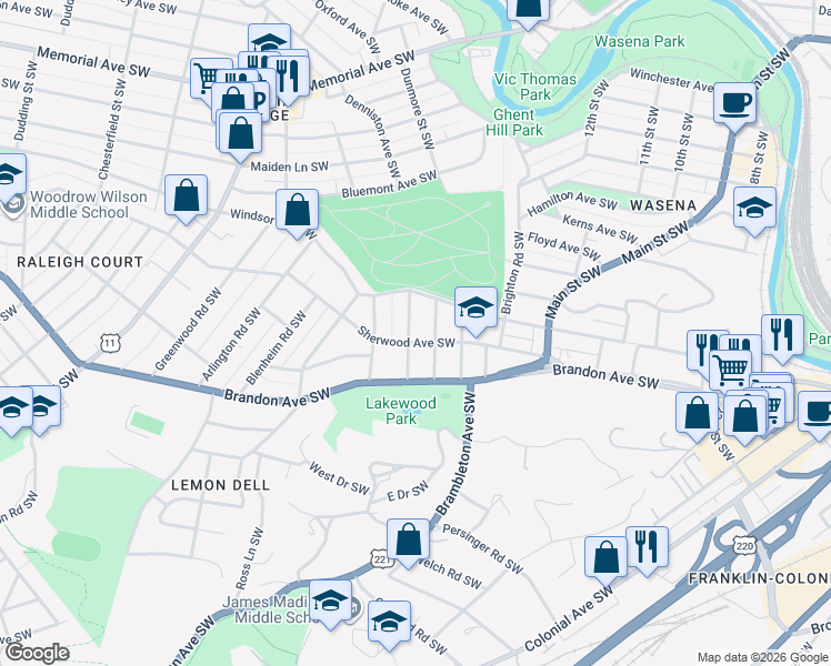 map of restaurants, bars, coffee shops, grocery stores, and more near 1836 Warrington Road Southwest in Roanoke