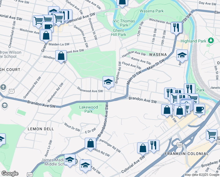 map of restaurants, bars, coffee shops, grocery stores, and more near 1125 Sherwood Avenue Southwest in Roanoke