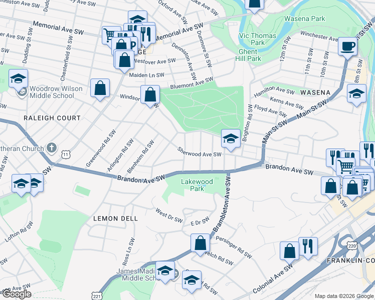 map of restaurants, bars, coffee shops, grocery stores, and more near 1834 Wakefield Road Southwest in Roanoke