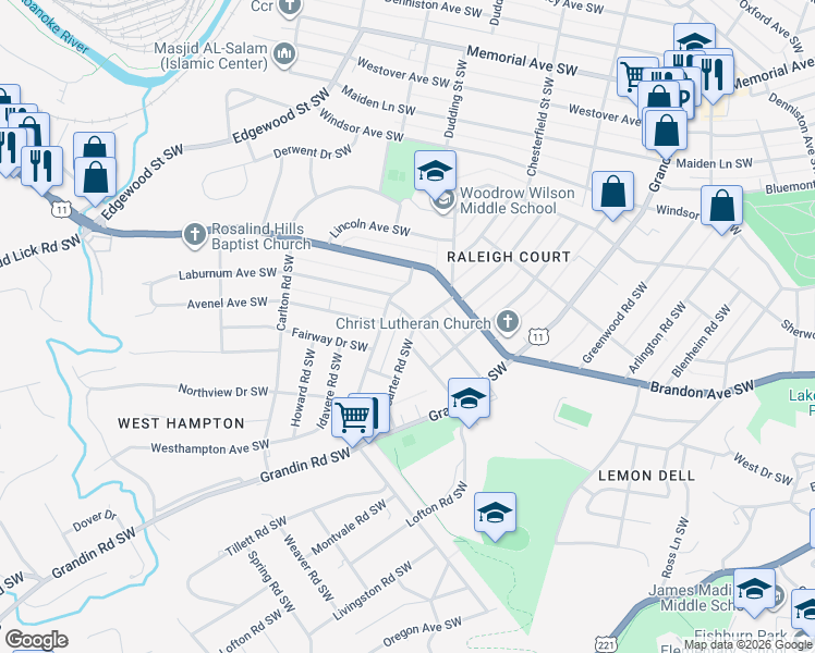 map of restaurants, bars, coffee shops, grocery stores, and more near 2107 Carter Road Southwest in Roanoke
