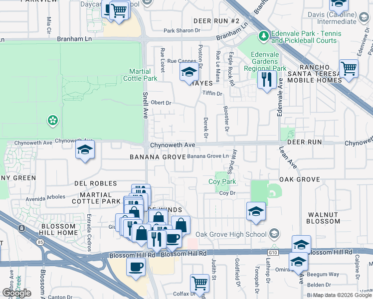 map of restaurants, bars, coffee shops, grocery stores, and more near 5211 Ostrich Court in San Jose