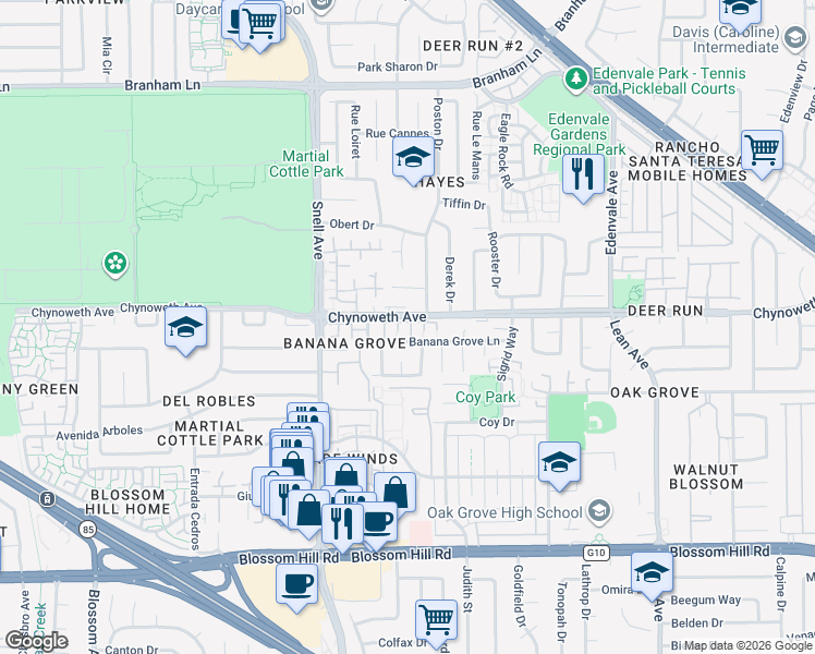 map of restaurants, bars, coffee shops, grocery stores, and more near 5211 Ostrich Court in San Jose