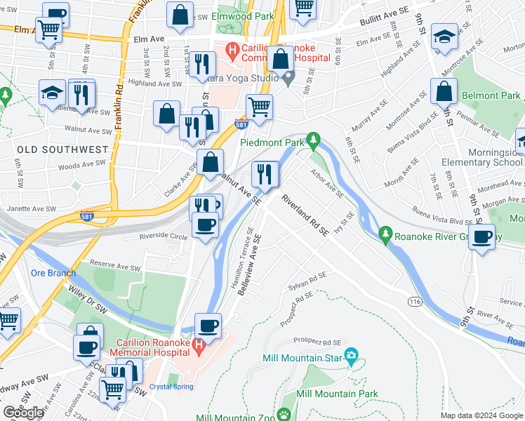 map of restaurants, bars, coffee shops, grocery stores, and more near 1204 Hamilton Terrace Southeast in Roanoke