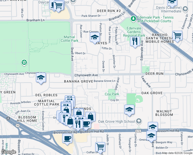 map of restaurants, bars, coffee shops, grocery stores, and more near 5213 Myna Court in San Jose