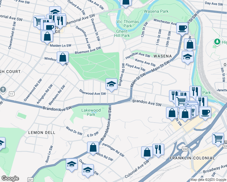 map of restaurants, bars, coffee shops, grocery stores, and more near 1125 Sherwood Avenue Southwest in Roanoke