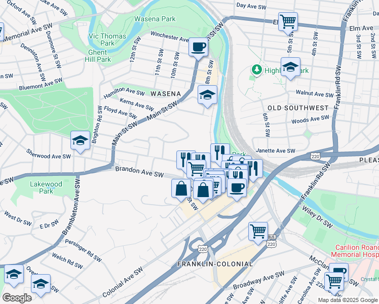 map of restaurants, bars, coffee shops, grocery stores, and more near 715 Suburban Avenue Southwest in Roanoke