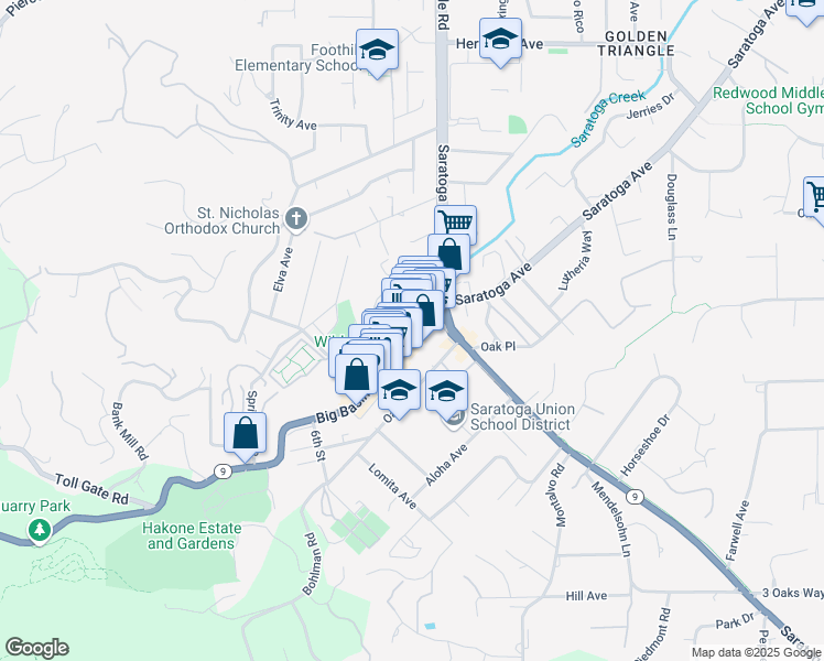 map of restaurants, bars, coffee shops, grocery stores, and more near 14441 Big Basin Way in Saratoga
