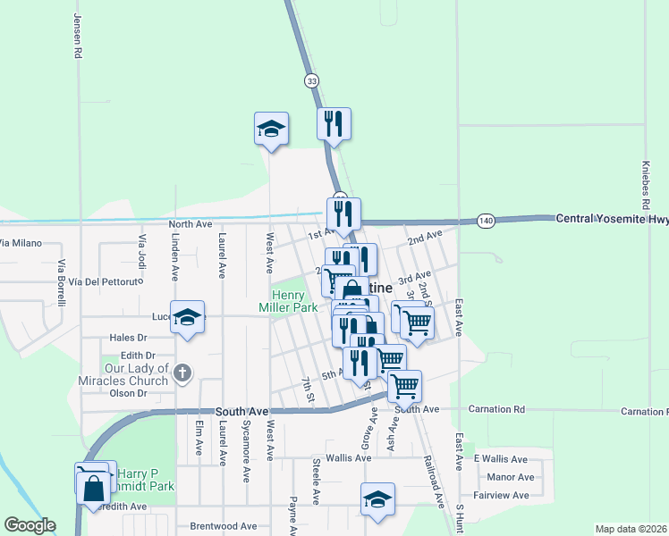 map of restaurants, bars, coffee shops, grocery stores, and more near 208 5th St in Gustine