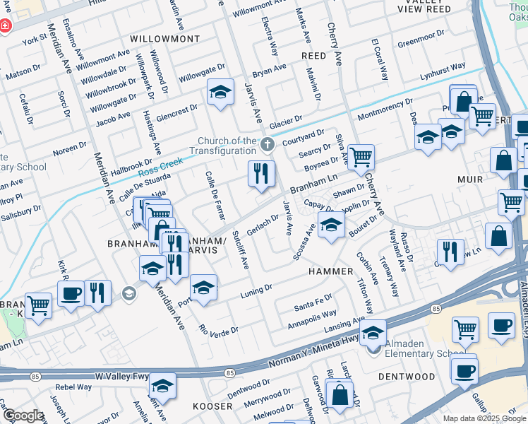 map of restaurants, bars, coffee shops, grocery stores, and more near 1434 Branham Lane in San Jose