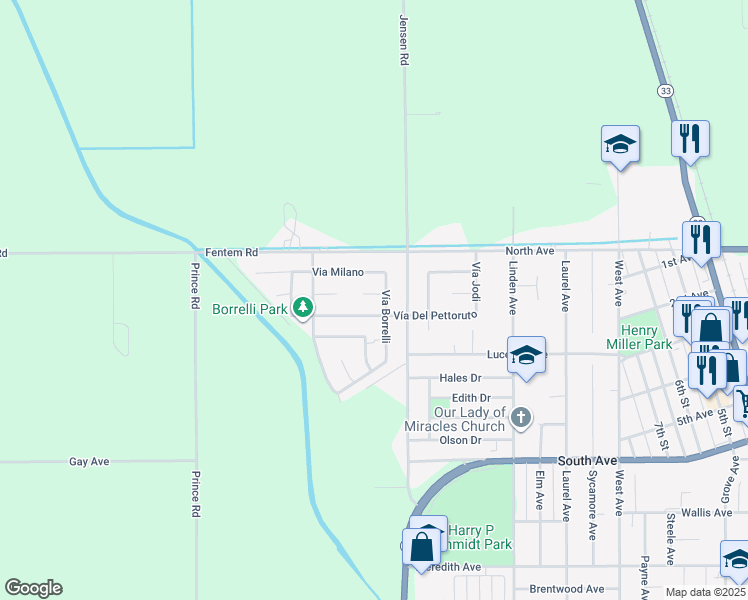map of restaurants, bars, coffee shops, grocery stores, and more near 1570 Vía Compania in Gustine