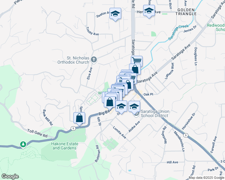 map of restaurants, bars, coffee shops, grocery stores, and more near 20626 Brookwood Lane in Saratoga
