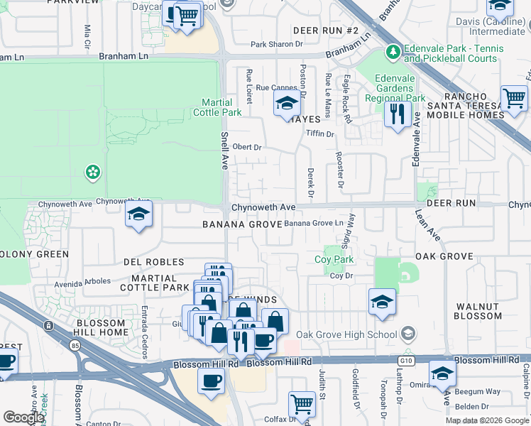 map of restaurants, bars, coffee shops, grocery stores, and more near 5213 Jacana Lane in San Jose