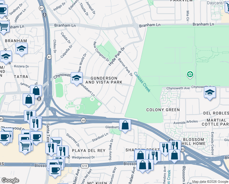map of restaurants, bars, coffee shops, grocery stores, and more near 549 Churchill Park Drive in San Jose
