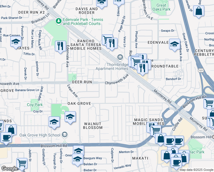 map of restaurants, bars, coffee shops, grocery stores, and more near 5310 Apple Blossom Drive in San Jose