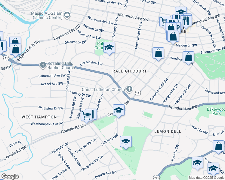 map of restaurants, bars, coffee shops, grocery stores, and more near 2119 Laburnum Avenue Southwest in Roanoke