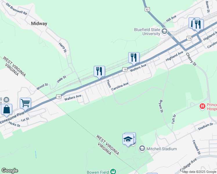 map of restaurants, bars, coffee shops, grocery stores, and more near 216 Thorn Street in Bluefield