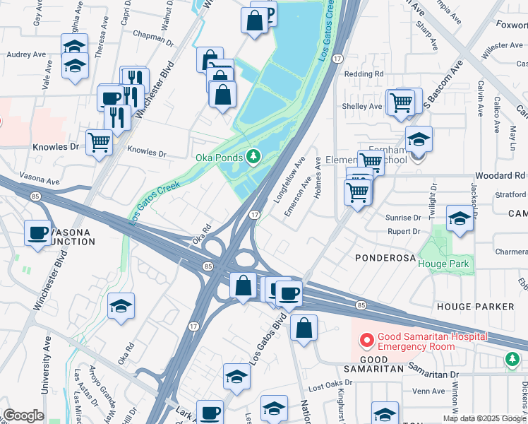 map of restaurants, bars, coffee shops, grocery stores, and more near 110 Kilmer Avenue in Campbell