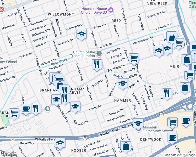 map of restaurants, bars, coffee shops, grocery stores, and more near 1434 Branham Lane in San Jose