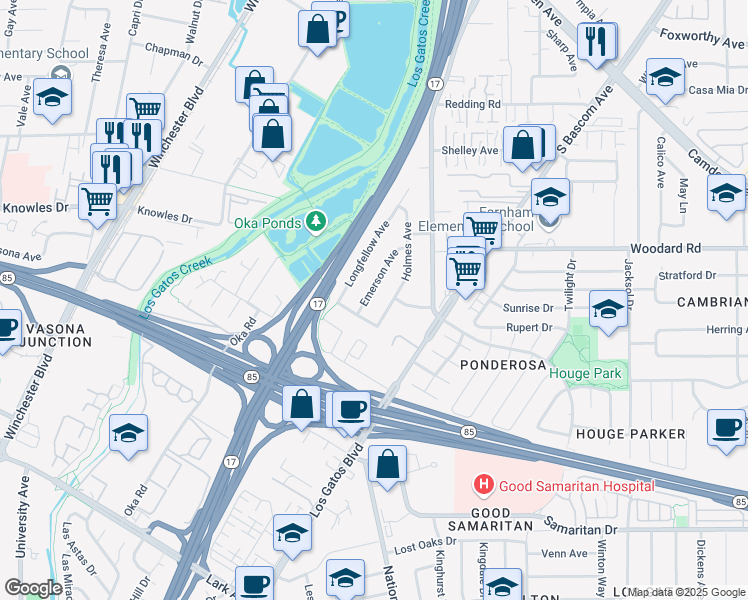 map of restaurants, bars, coffee shops, grocery stores, and more near 1186 Emerson Avenue in Campbell