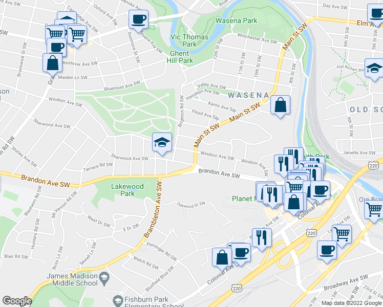 map of restaurants, bars, coffee shops, grocery stores, and more near 1018 Windsor Avenue Southwest in Roanoke