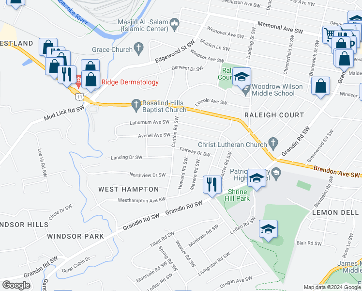 map of restaurants, bars, coffee shops, grocery stores, and more near 2513 Fairway Drive Southwest in Roanoke