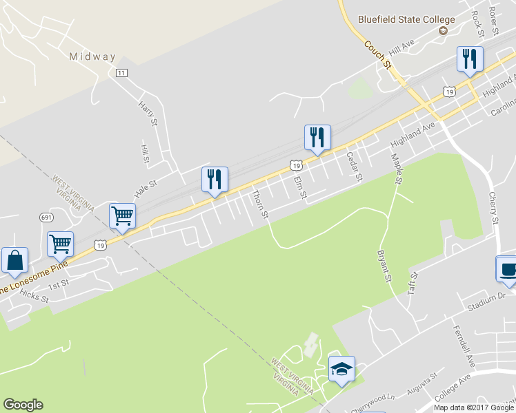 map of restaurants, bars, coffee shops, grocery stores, and more near 216 Thorn St in Bluefield