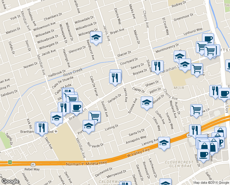 map of restaurants, bars, coffee shops, grocery stores, and more near 1434 Branham Lane in San Jose
