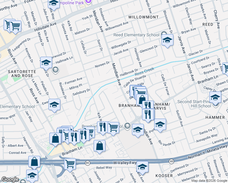 map of restaurants, bars, coffee shops, grocery stores, and more near 1579 Corte De Pearson in San Jose
