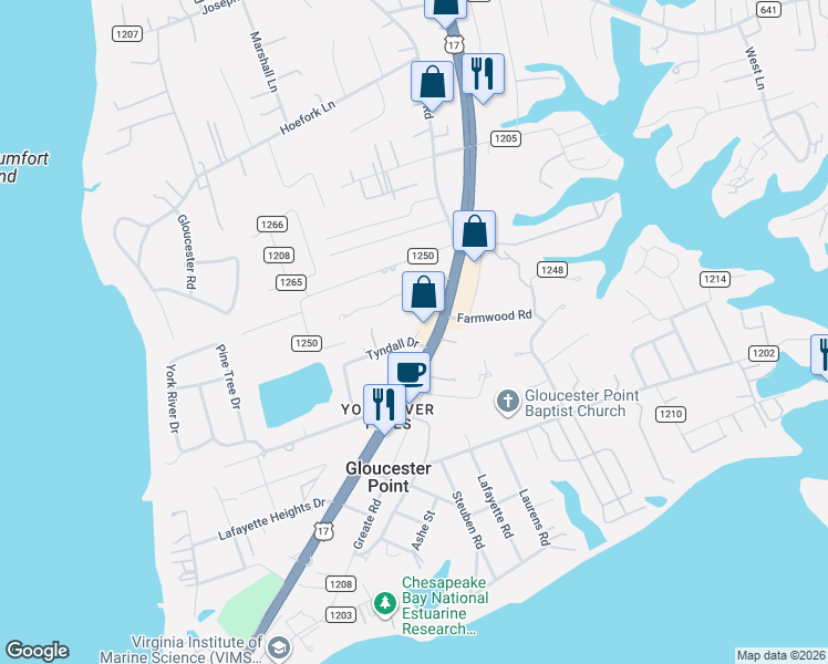 map of restaurants, bars, coffee shops, grocery stores, and more near in Gloucester Point