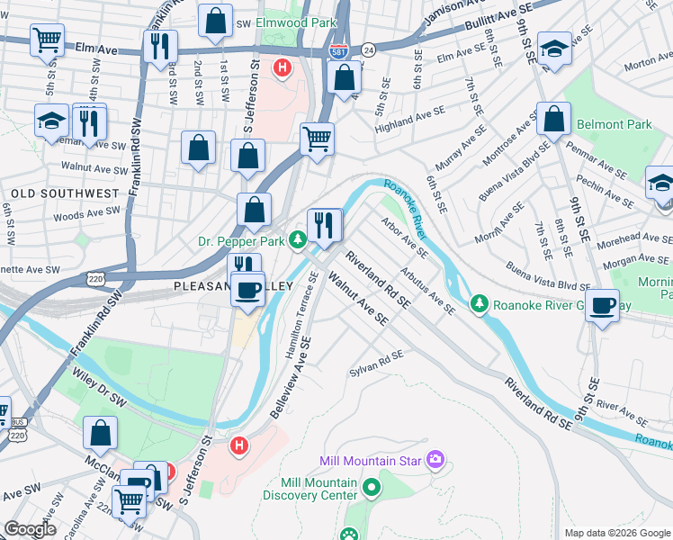 map of restaurants, bars, coffee shops, grocery stores, and more near 422 Walnut Avenue Southeast in Roanoke