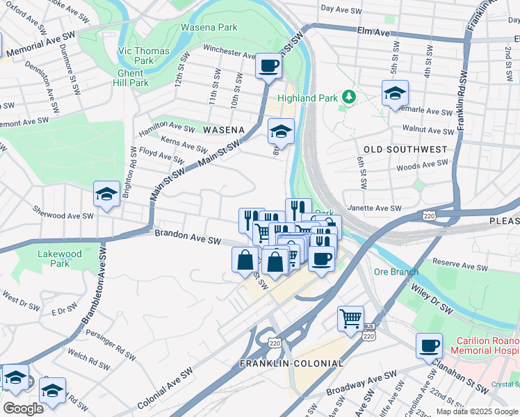 map of restaurants, bars, coffee shops, grocery stores, and more near 715 Suburban Avenue Southwest in Roanoke