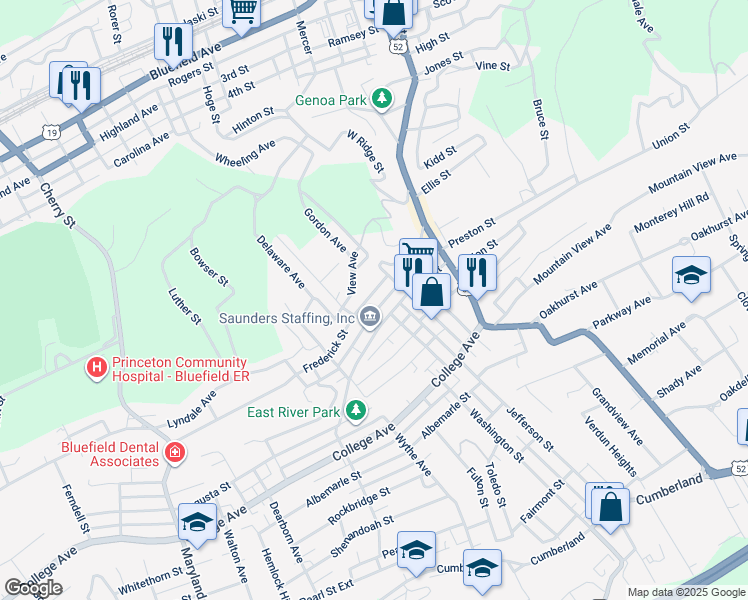 map of restaurants, bars, coffee shops, grocery stores, and more near 329 Frederick Street in Bluefield