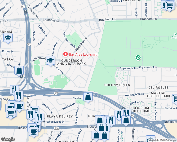 map of restaurants, bars, coffee shops, grocery stores, and more near 5175 Barron Park Drive in San Jose
