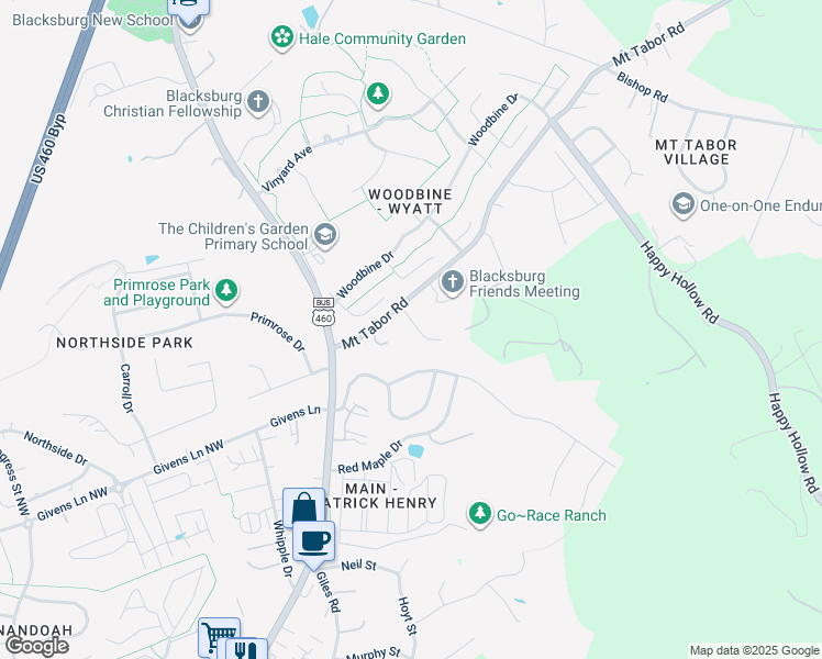 map of restaurants, bars, coffee shops, grocery stores, and more near 1913 Tabor Village Drive in Blacksburg