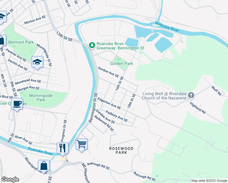 map of restaurants, bars, coffee shops, grocery stores, and more near 1723 16th Street Southeast in Roanoke