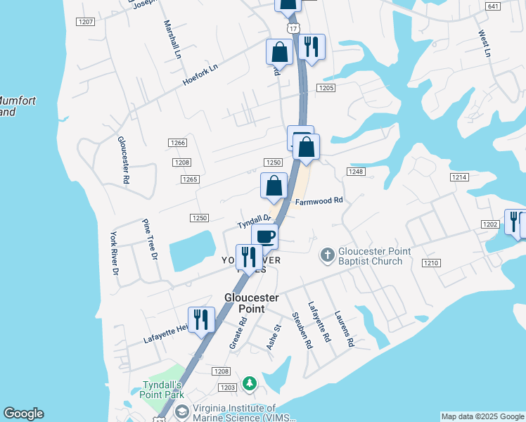 map of restaurants, bars, coffee shops, grocery stores, and more near 7605 Tyndall Drive in Gloucester Point