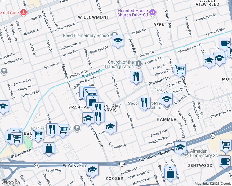 map of restaurants, bars, coffee shops, grocery stores, and more near 4599 Calle De Farrar in San Jose