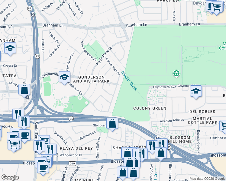 map of restaurants, bars, coffee shops, grocery stores, and more near 5175 Barron Park Drive in San Jose