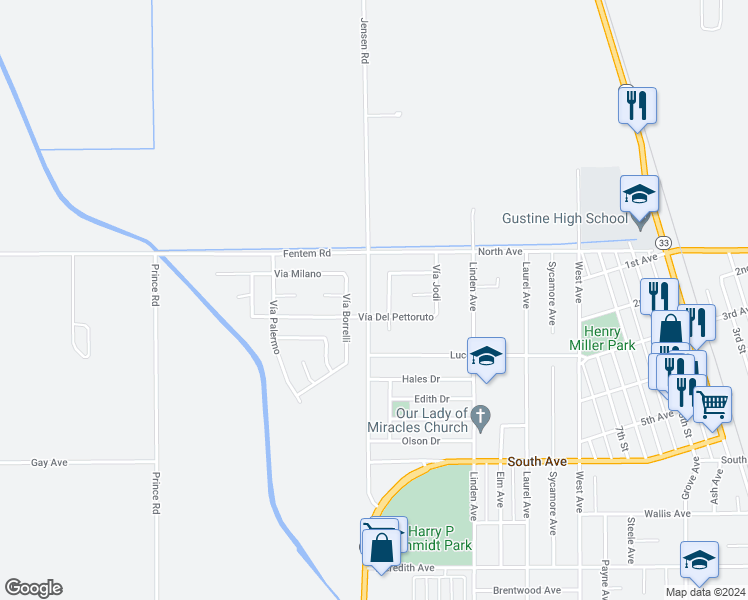 map of restaurants, bars, coffee shops, grocery stores, and more near 78 Jensen Road in Gustine
