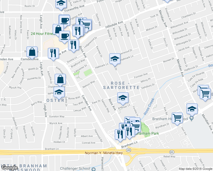 map of restaurants, bars, coffee shops, grocery stores, and more near 3993 La Mesa Lane in San Jose