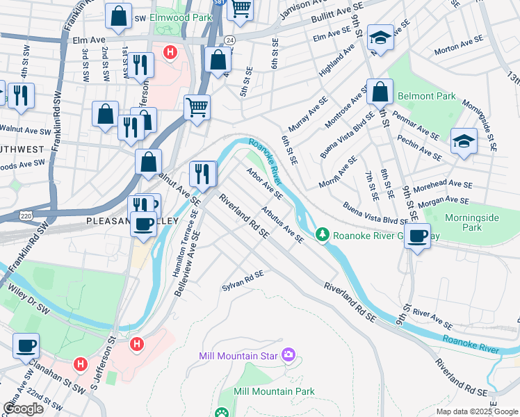 map of restaurants, bars, coffee shops, grocery stores, and more near 463 Arbutus Avenue Southeast in Roanoke