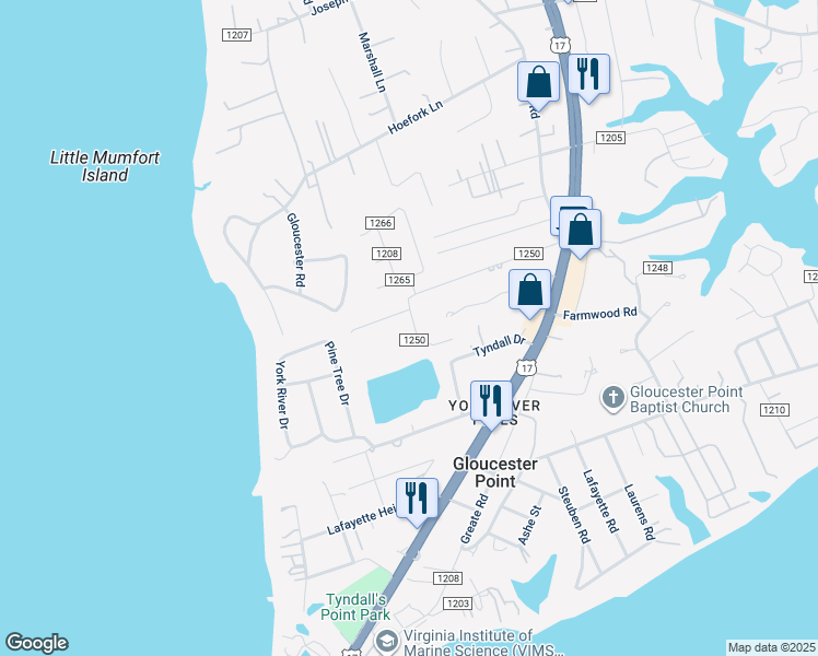 map of restaurants, bars, coffee shops, grocery stores, and more near 7439 Bellehaven Drive in Gloucester Point