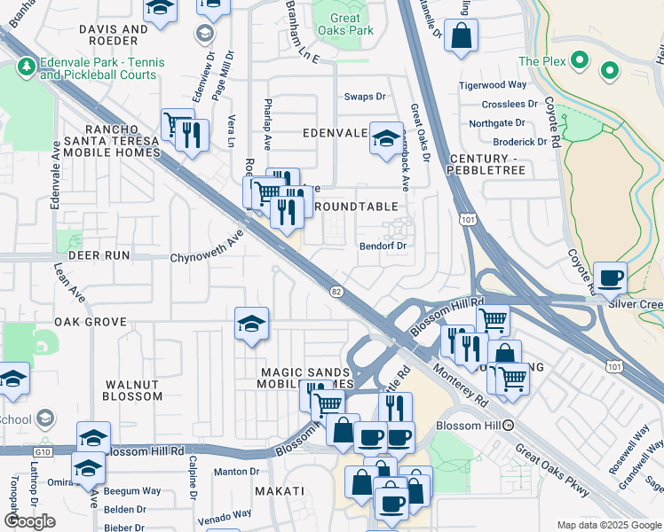 map of restaurants, bars, coffee shops, grocery stores, and more near 5334 Monterey Road in San Jose