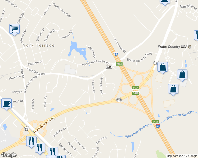 map of restaurants, bars, coffee shops, grocery stores, and more near 108 Old Hollow Road in Williamsburg