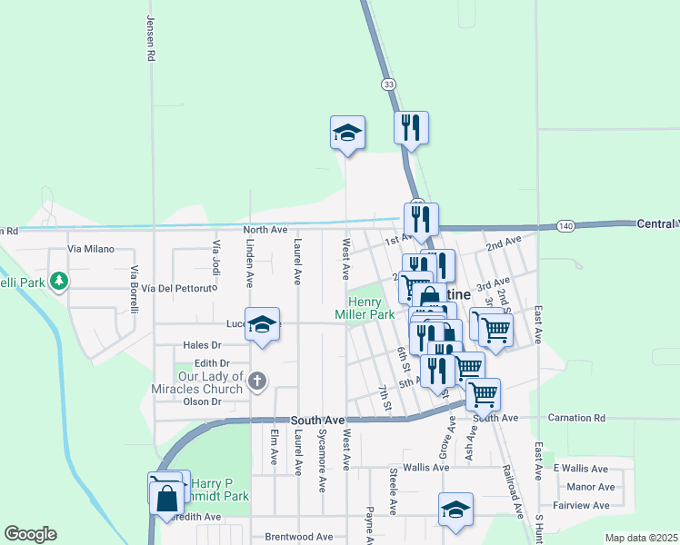 map of restaurants, bars, coffee shops, grocery stores, and more near 143 West Avenue in Gustine