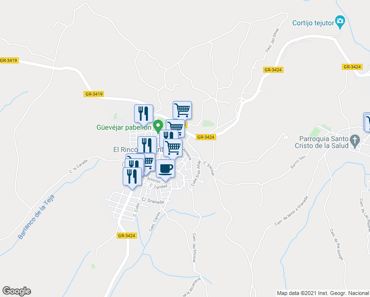 map of restaurants, bars, coffee shops, grocery stores, and more near 18 Calle Almeria in Güevéjar
