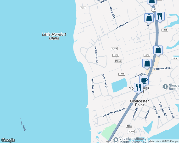 map of restaurants, bars, coffee shops, grocery stores, and more near 1682 Duke Road in Gloucester Point
