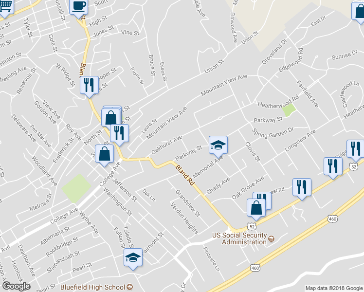 map of restaurants, bars, coffee shops, grocery stores, and more near 2208 Ledge Street in Bluefield