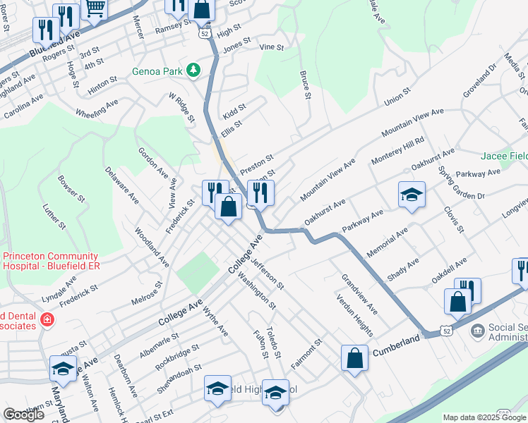 map of restaurants, bars, coffee shops, grocery stores, and more near 106 Lewis Street in Bluefield