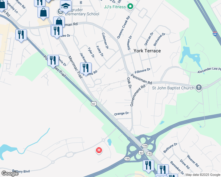 map of restaurants, bars, coffee shops, grocery stores, and more near 1311 Moses Lane in Williamsburg